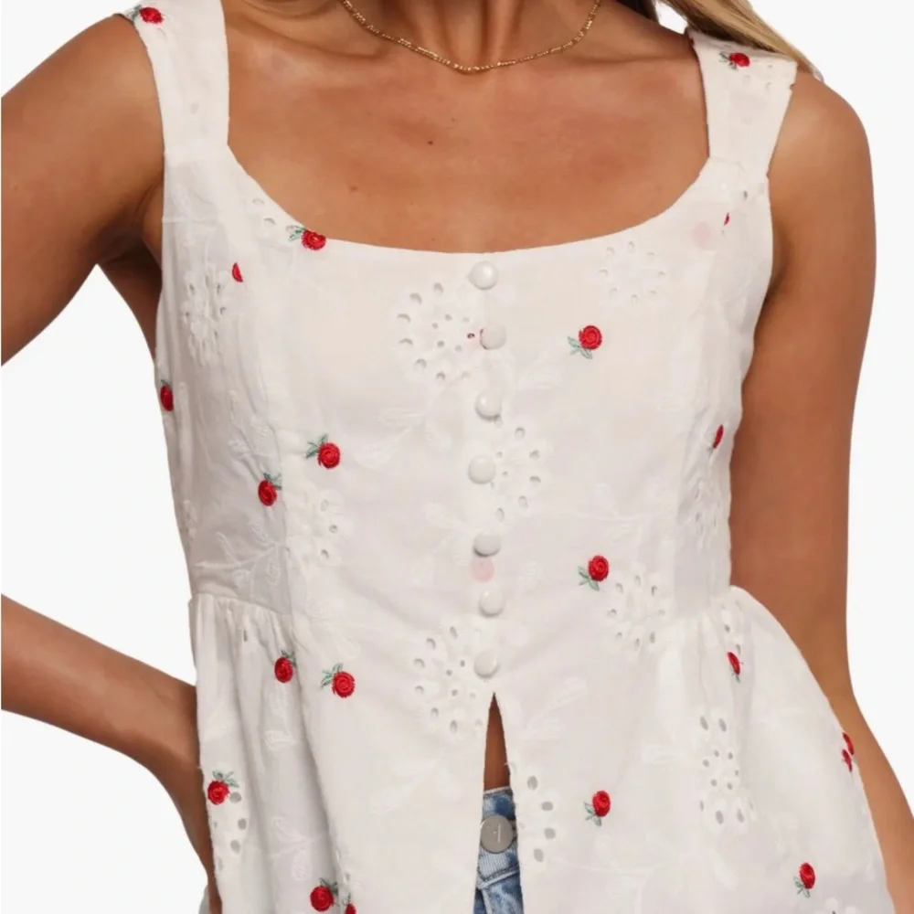 Petal and Pup White Sleeveless Top with Red Floral Embroidery - Picture 1 of 6